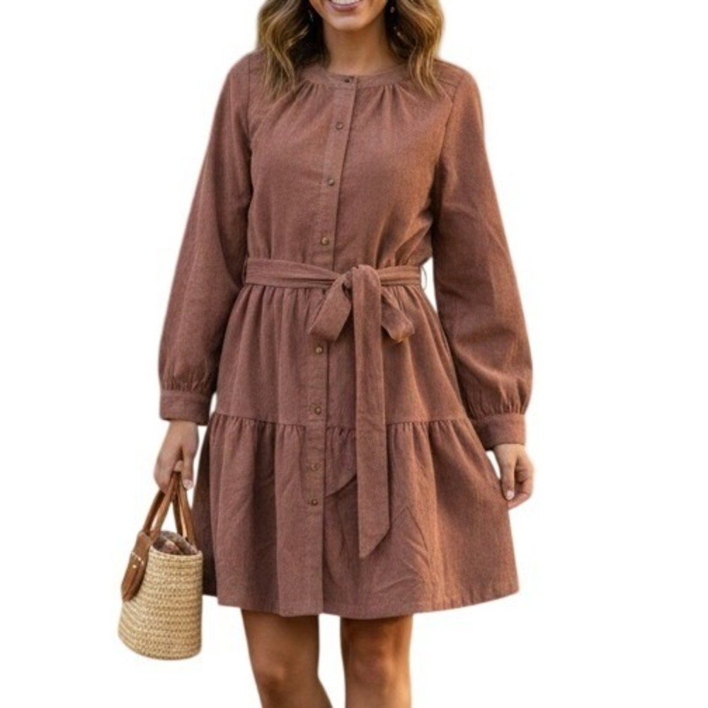 Simply Southern Terracotta‎ Rust Corduroy Sz Med Button Front Long Sleeve Dress